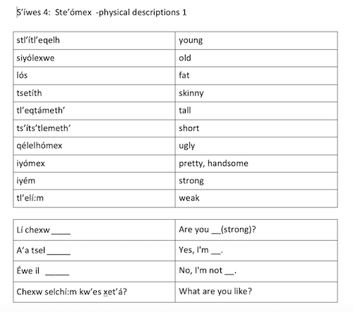 S'íwes 4:  Physical descriptions 1