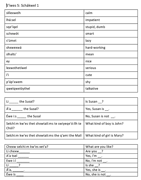 S'íwes 5: Personality Traits 1